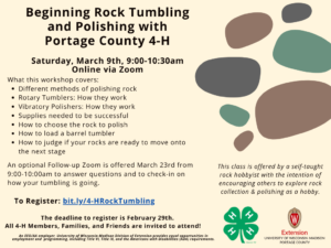 Portage County 4-H is hosting a Beginning Rock Tumbling and Polishing workshop.