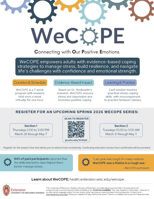 Event Flyer for upcoming WeCOPE Series; Section #1: Thursdays from 2-3 PM starting on March 26th and ending on May 7th Section #2: Tuesdays from 10-11 starting on March 31st and ending on May 11th. Held on Zoom.